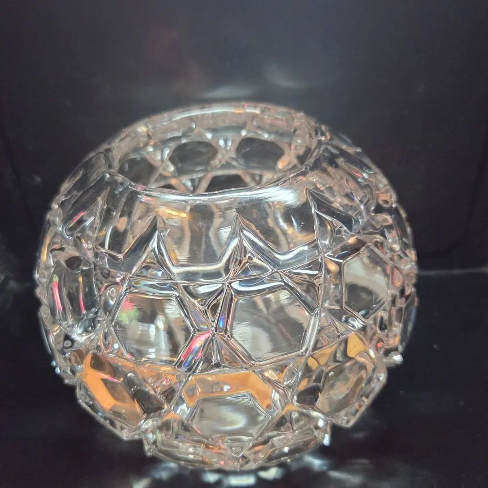 Vintage Heavy Geometric Glass Ball Vase Rose Bowl Hexagon Design 6